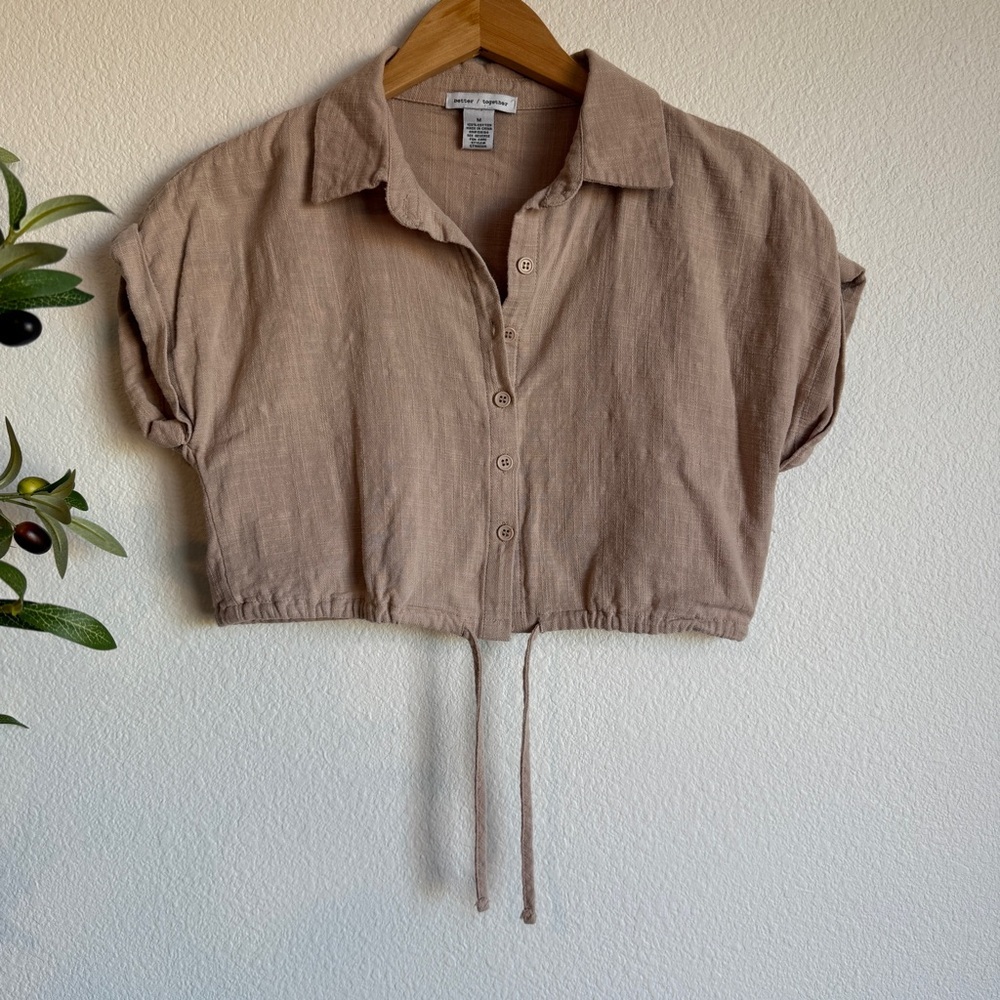 Better Together Cropped Cotton Button Front Short Sleeve Top Women’s Size Medium